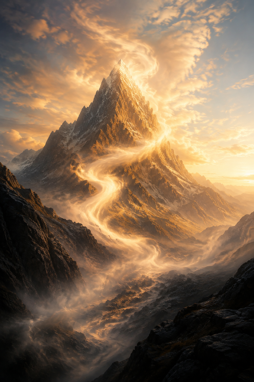 A wordless mountain landscape illuminated by a radiant path and open sky