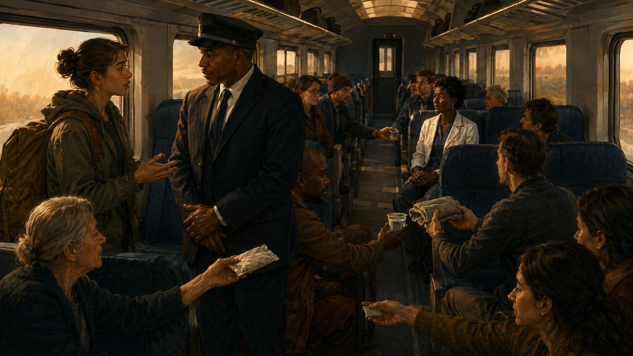 Many people carrying help through a train
