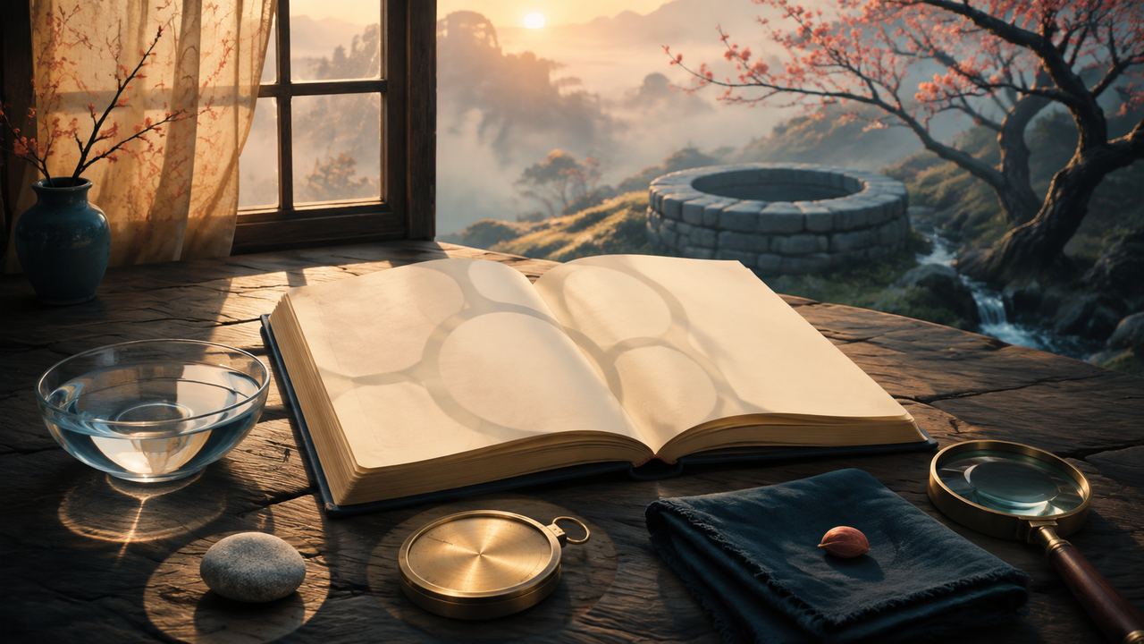 A journal beside a luminous well, with light returning through layered memory