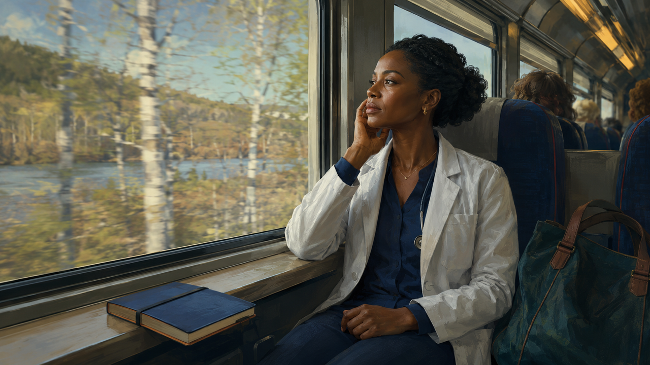 A woman attending closely during a train journey