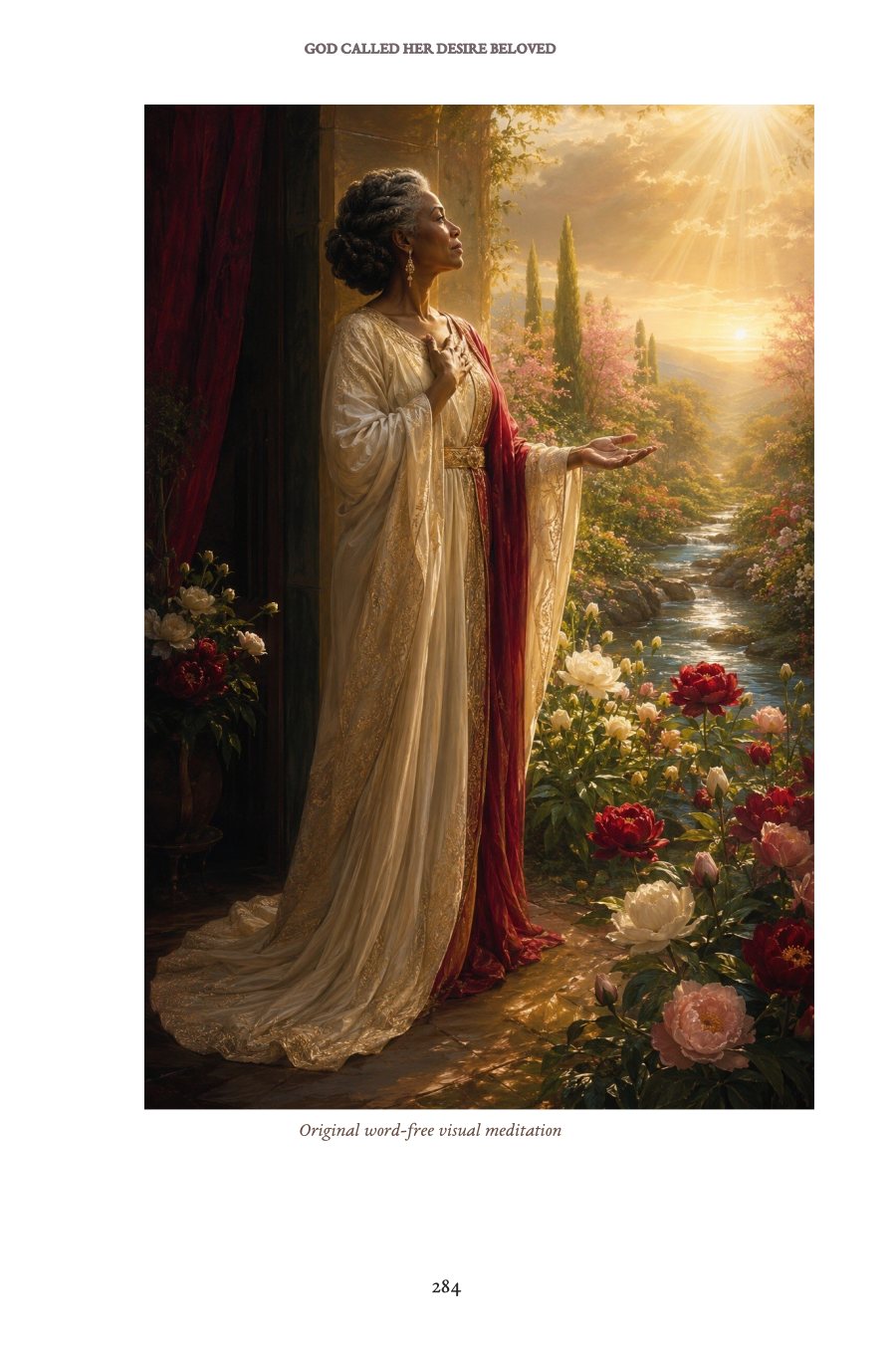A woman standing at a luminous garden threshold in an original illustrated meditation