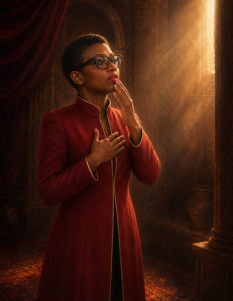 Personalized wordless portrait of Dr. Sherry-Ann Brown voicing human concern within a sacred encounter