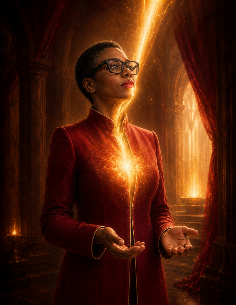 Personalized wordless portrait of Dr. Sherry-Ann Brown receiving divinely supplied words at her mouth