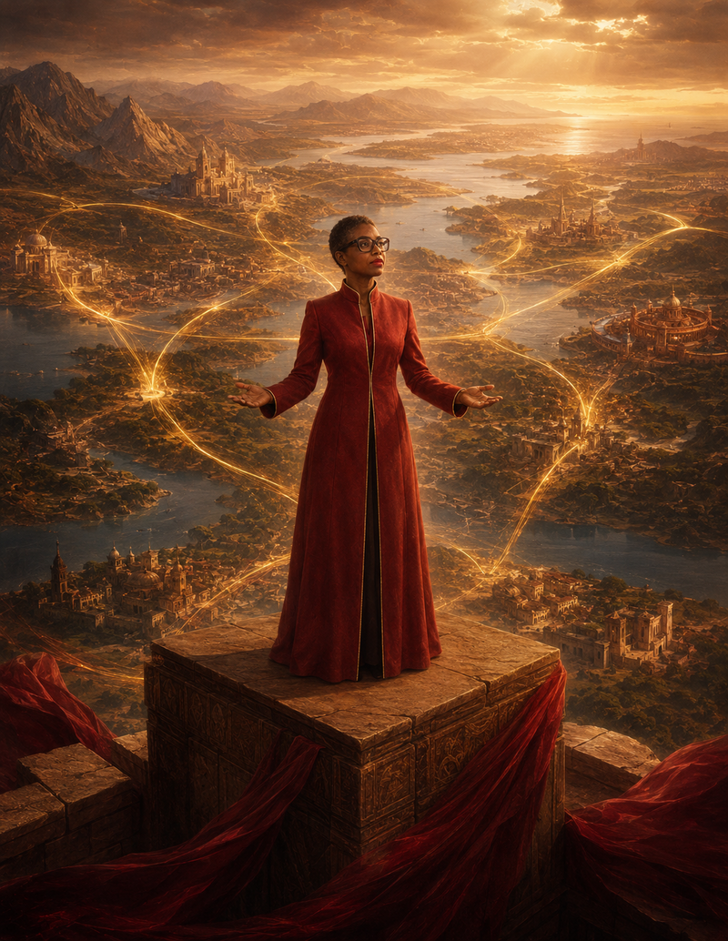 Personalized wordless portrait of Dr. Sherry-Ann Brown facing the far-reaching horizon of nations and kingdoms