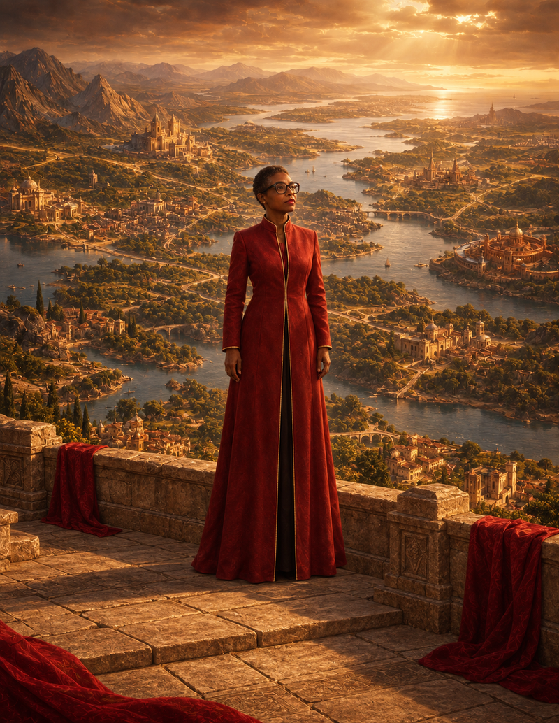 Personalized wordless portrait of Dr. Sherry-Ann Brown facing the far-reaching horizon of nations and kingdoms