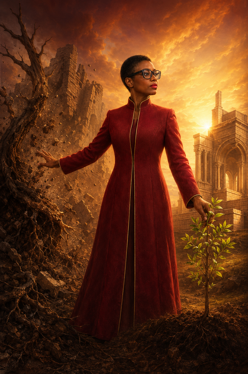 Personalized wordless portrait of Dr. Sherry-Ann Brown amid uprooting, rebuilding, and planting