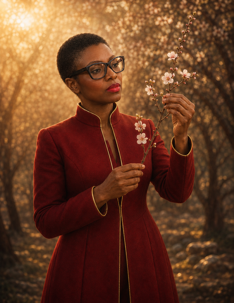 Personalized wordless portrait of Dr. Sherry-Ann Brown carefully observing an almond branch