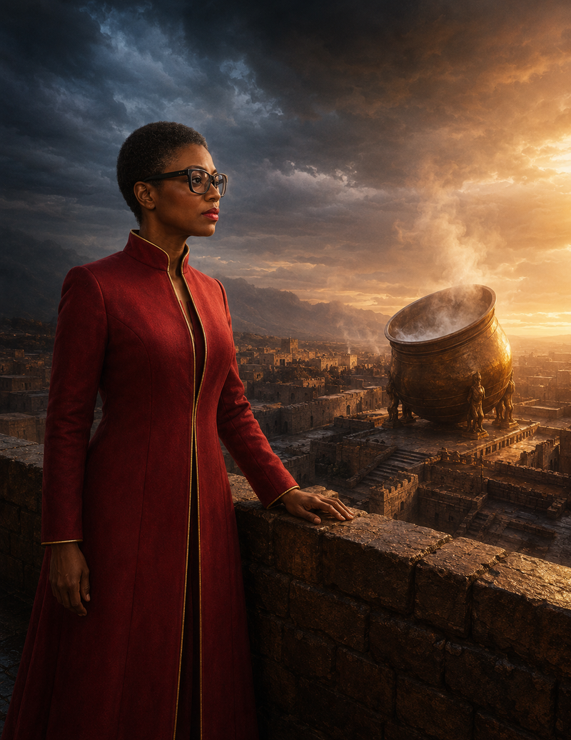 Personalized wordless portrait of Dr. Sherry-Ann Brown observing a boiling vessel tilted from the north