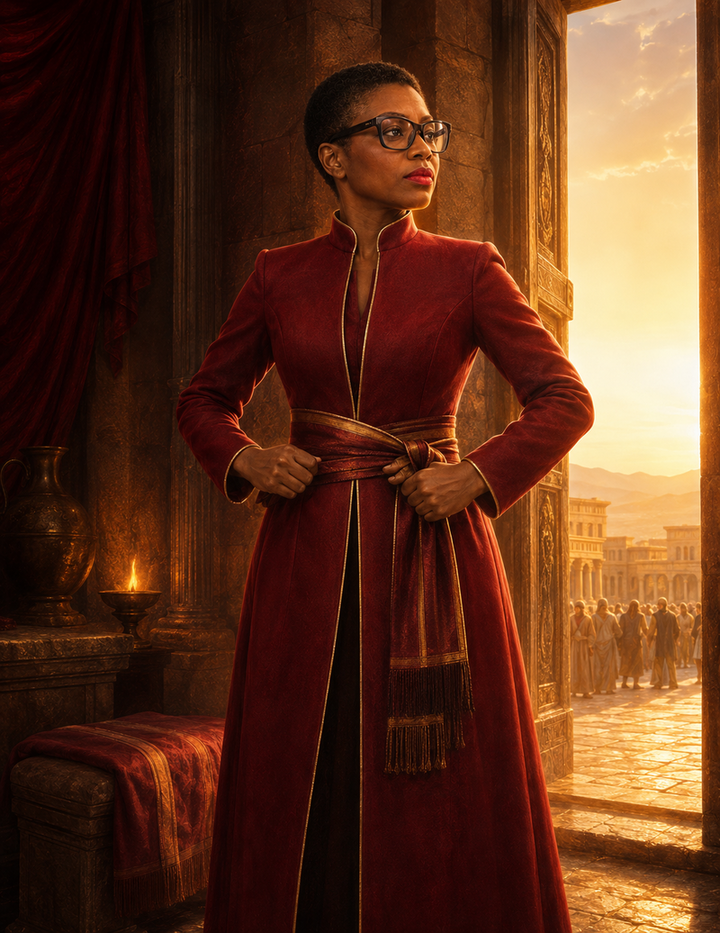 Personalized wordless portrait of Dr. Sherry-Ann Brown prepared and rising to cross the threshold into action