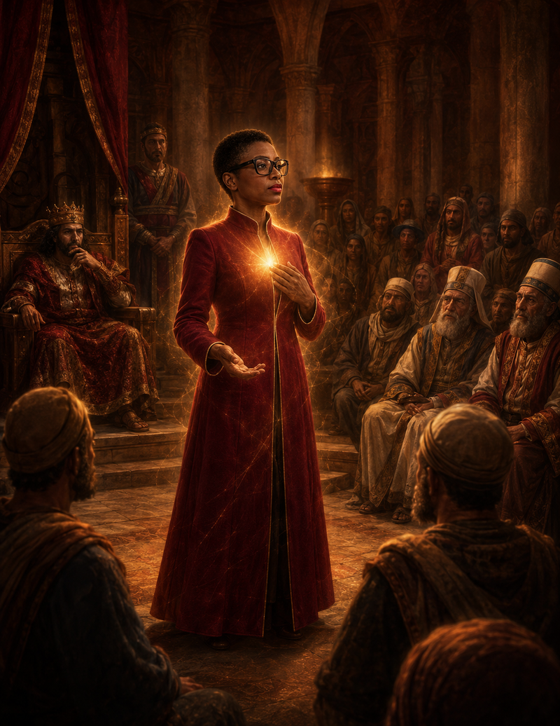 Personalized wordless portrait of Dr. Sherry-Ann Brown standing with inward courage before centers of public power