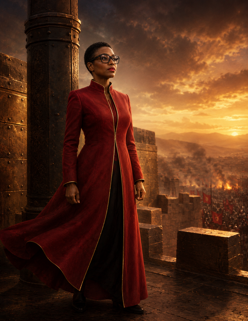 Personalized wordless portrait of Dr. Sherry-Ann Brown embodied as a fortified city, iron pillar, and bronze walls