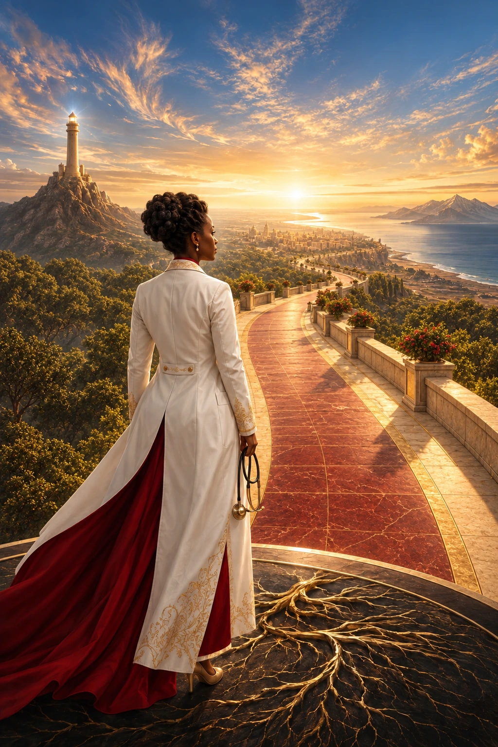 A Black woman physician scientist holding a stethoscope before a luminous road, lighthouse, rooted threshold, and constellation-filled sky