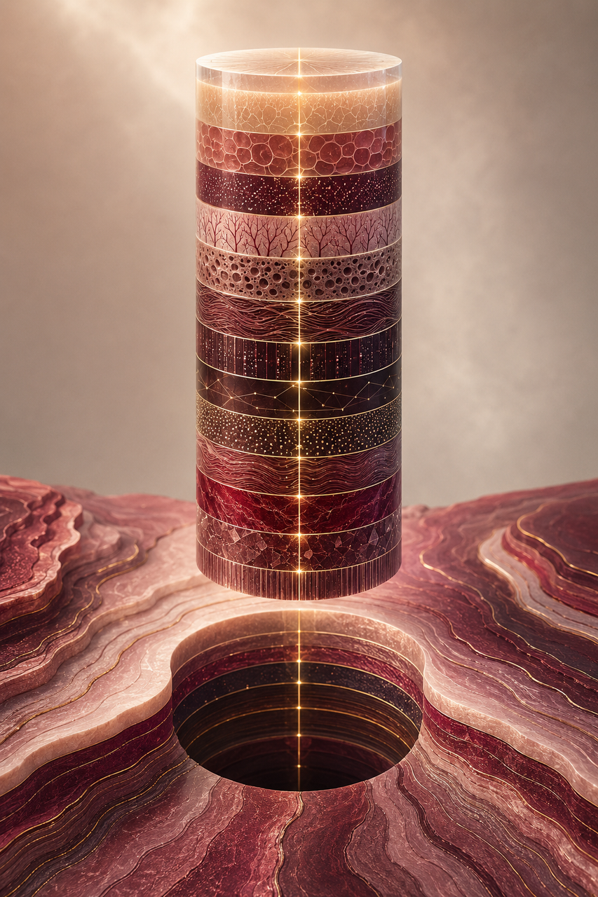 A luminous evidence core rising through layered research terrain