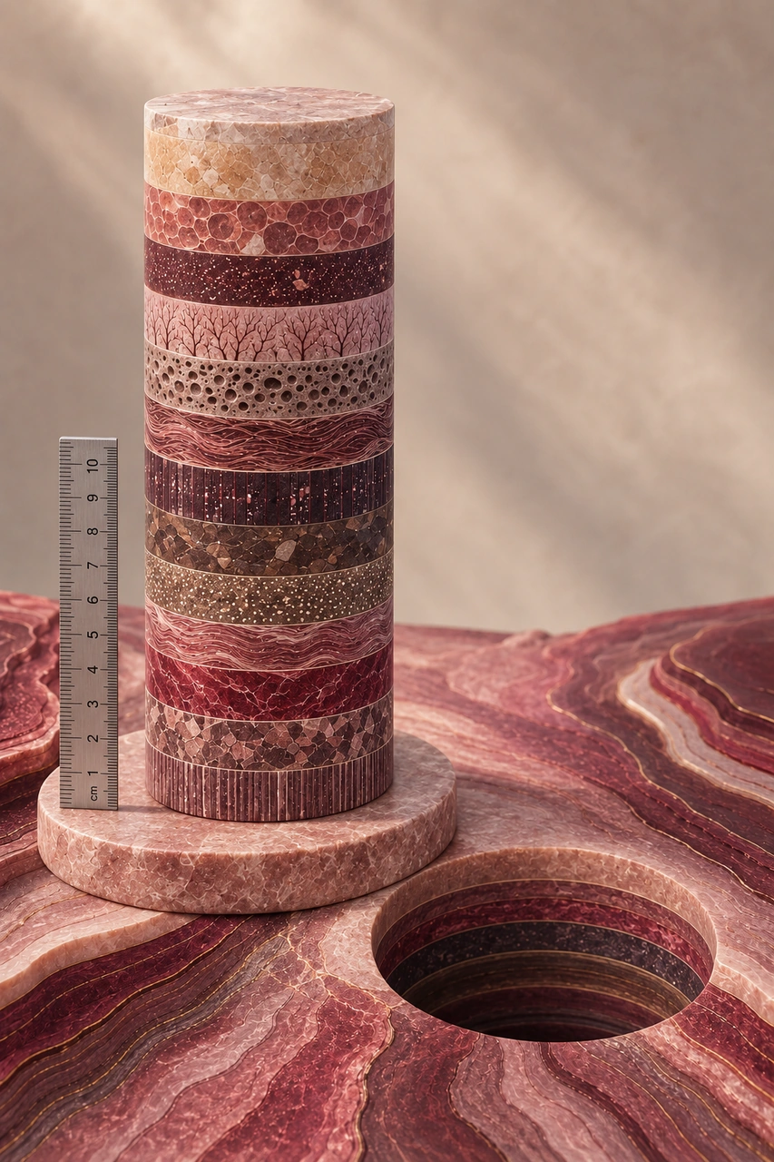 A luminous evidence core rising through layered research terrain
