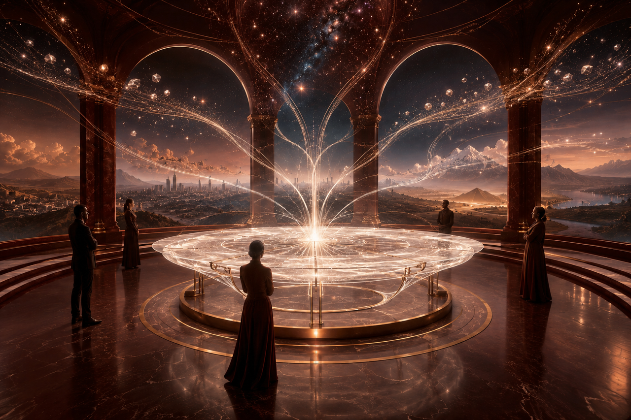 A luminous translucent research table gathering researchers across distant horizons