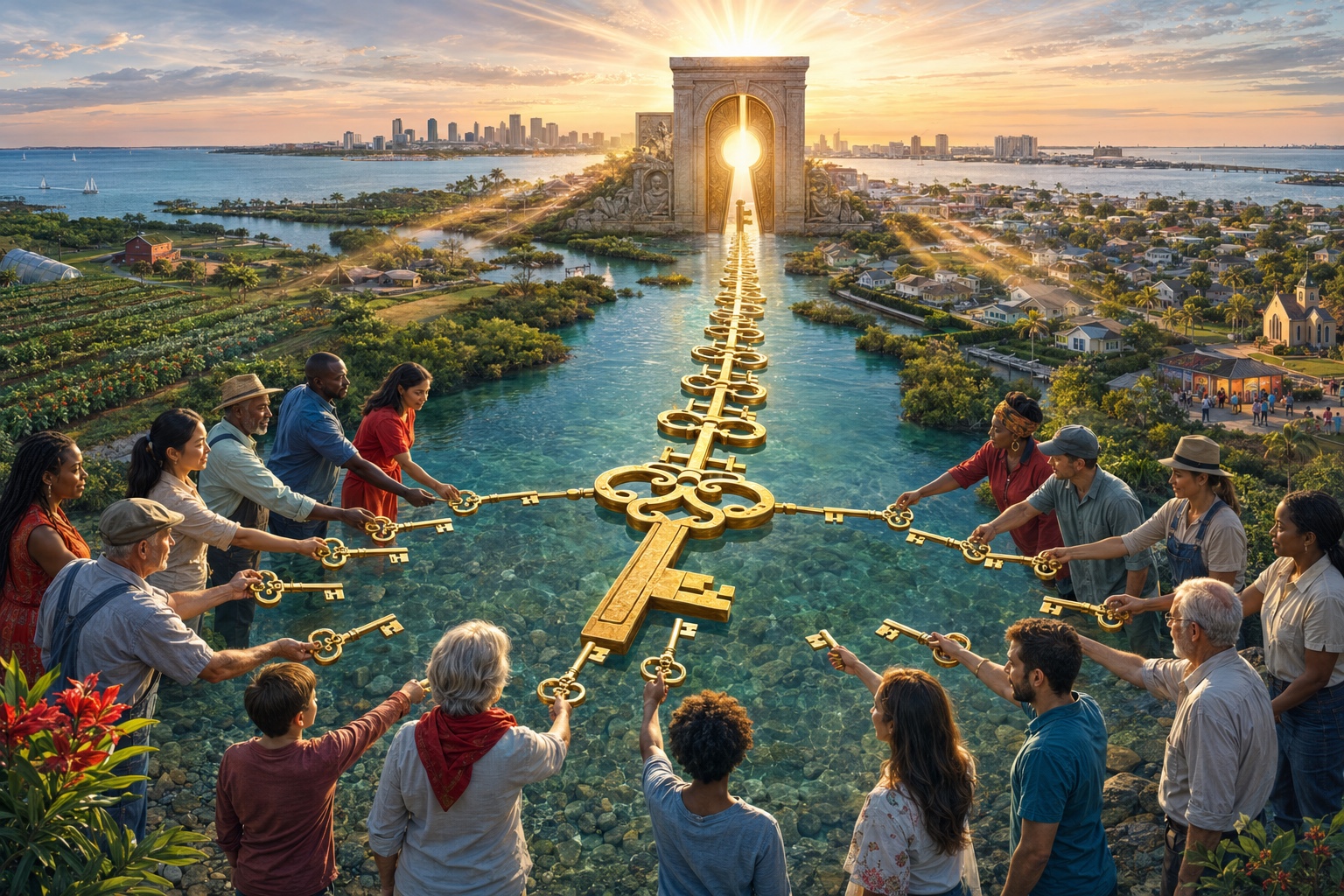 Many people carrying small keys toward a luminous regional doorway