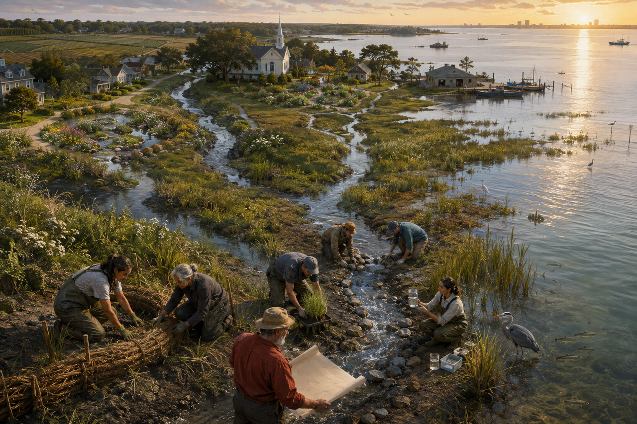 Many waterways converging toward a selected restoration site