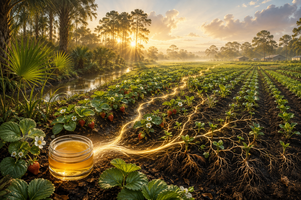 Neighbors cultivating medicinal plants and food crops across Balm fields at dawn