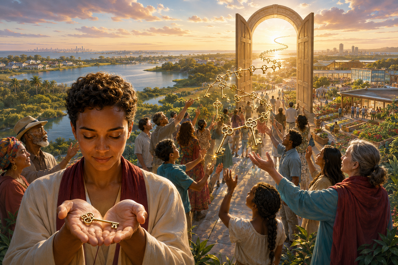 Many people carrying small keys across an illuminated Tampa Bay field