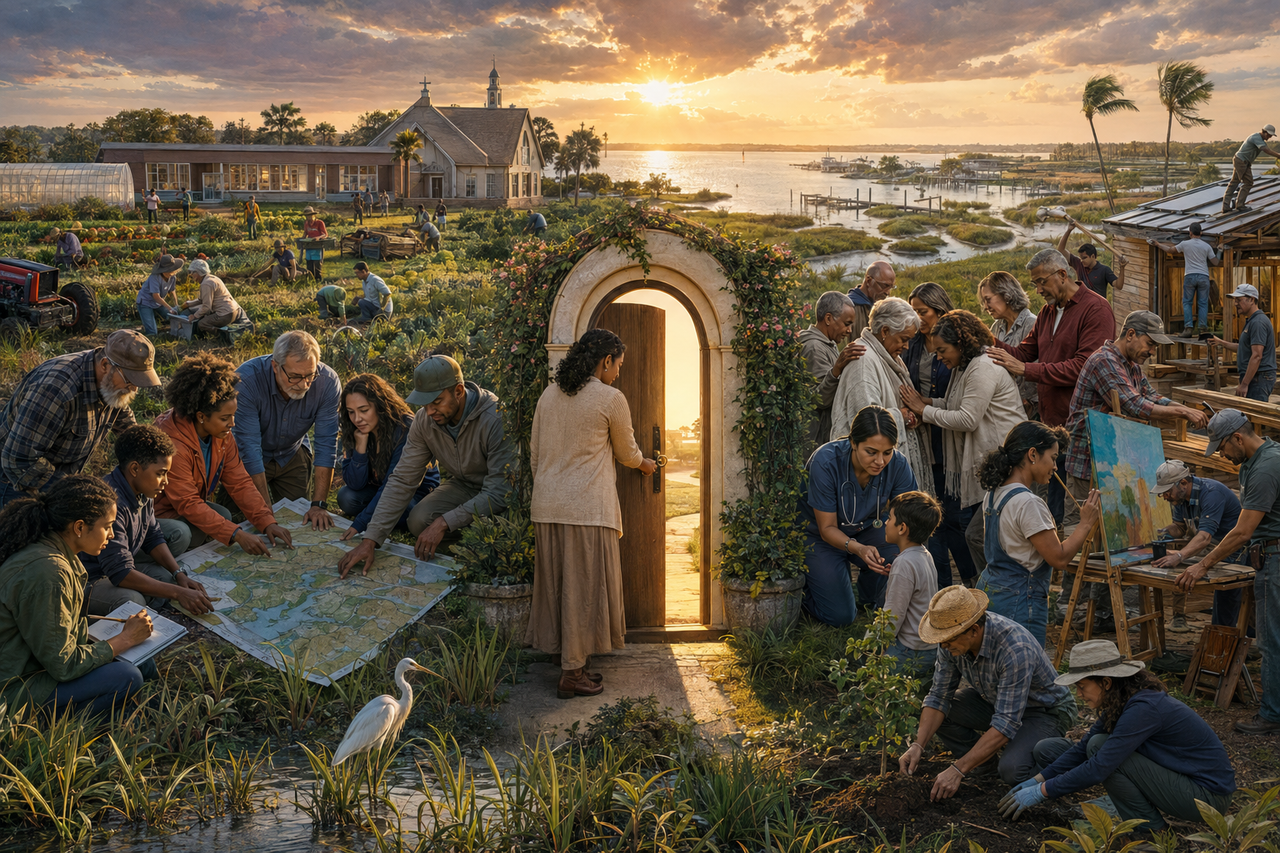 Ruskin fields, waterways, neighborhoods, and shared work at dawn