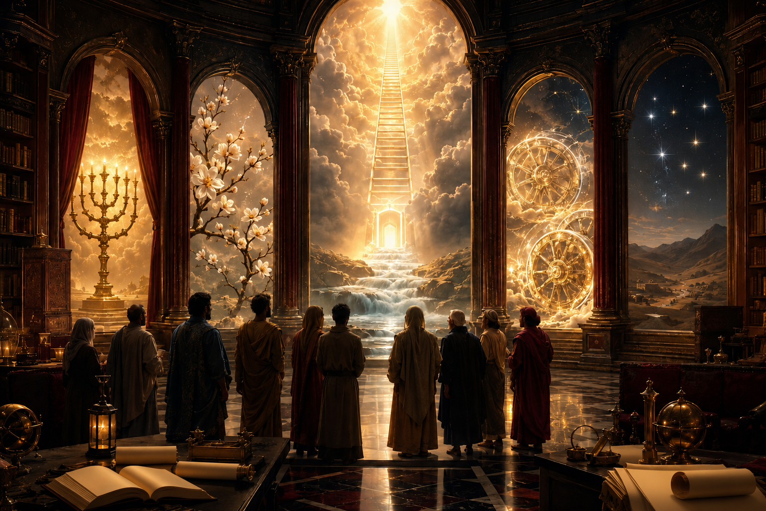 Readers in a grand chamber before wordless biblical images of a lampstand, almond branch, ladder, river, wheels, and stars