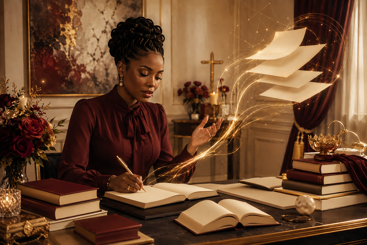 A Black woman author directing luminous blank manuscript pages at an elegant desk