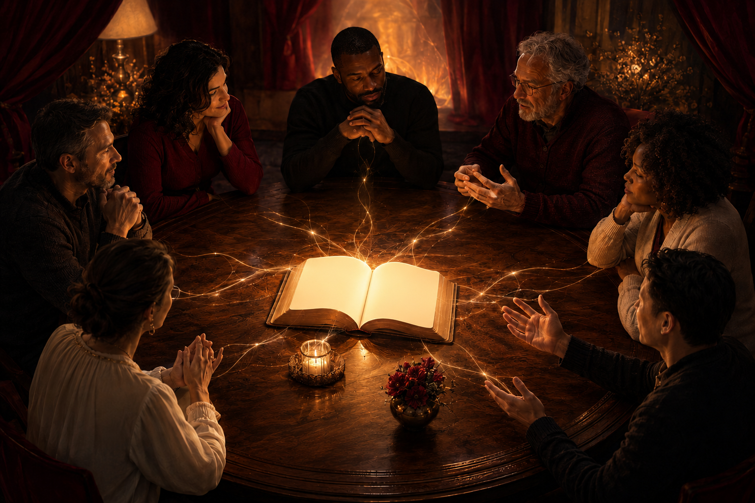 A diverse group gathered around a luminous blank sacred book in thoughtful conversation