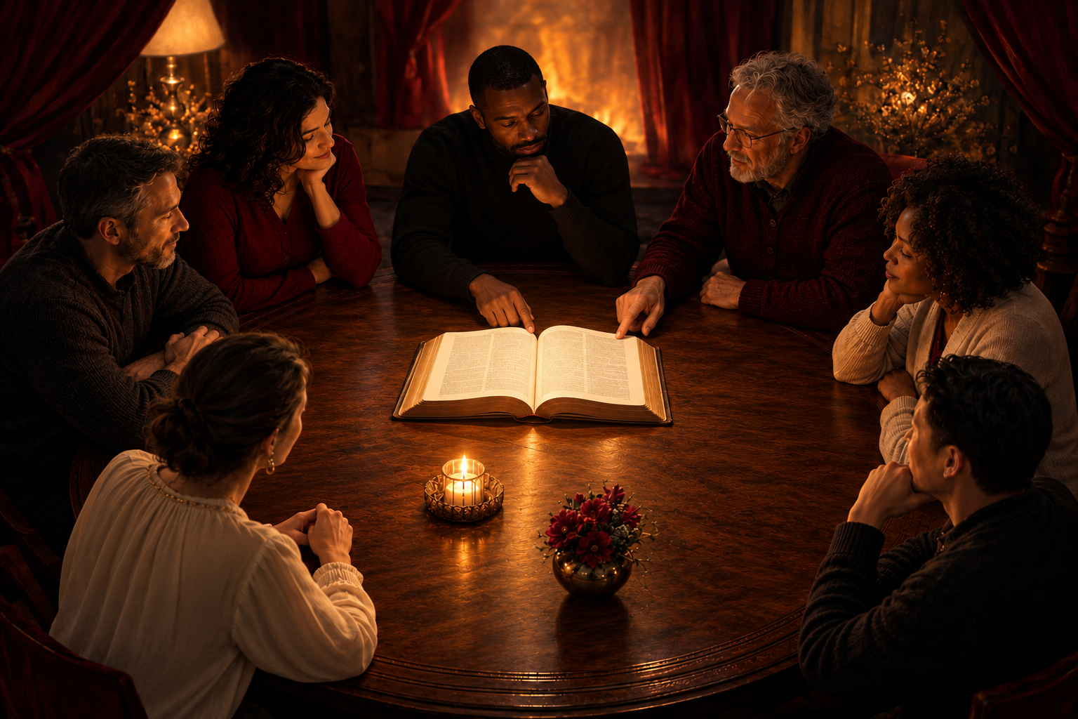 A diverse reading community gathered around a luminous blank sacred book