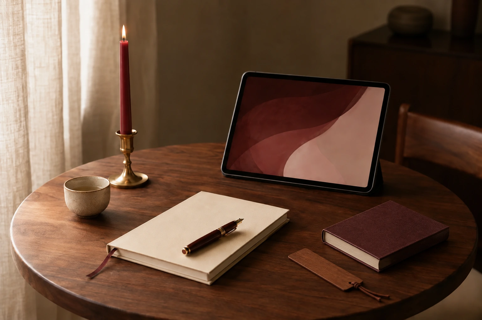 A calm reading ritual with a book, journal, and warm light