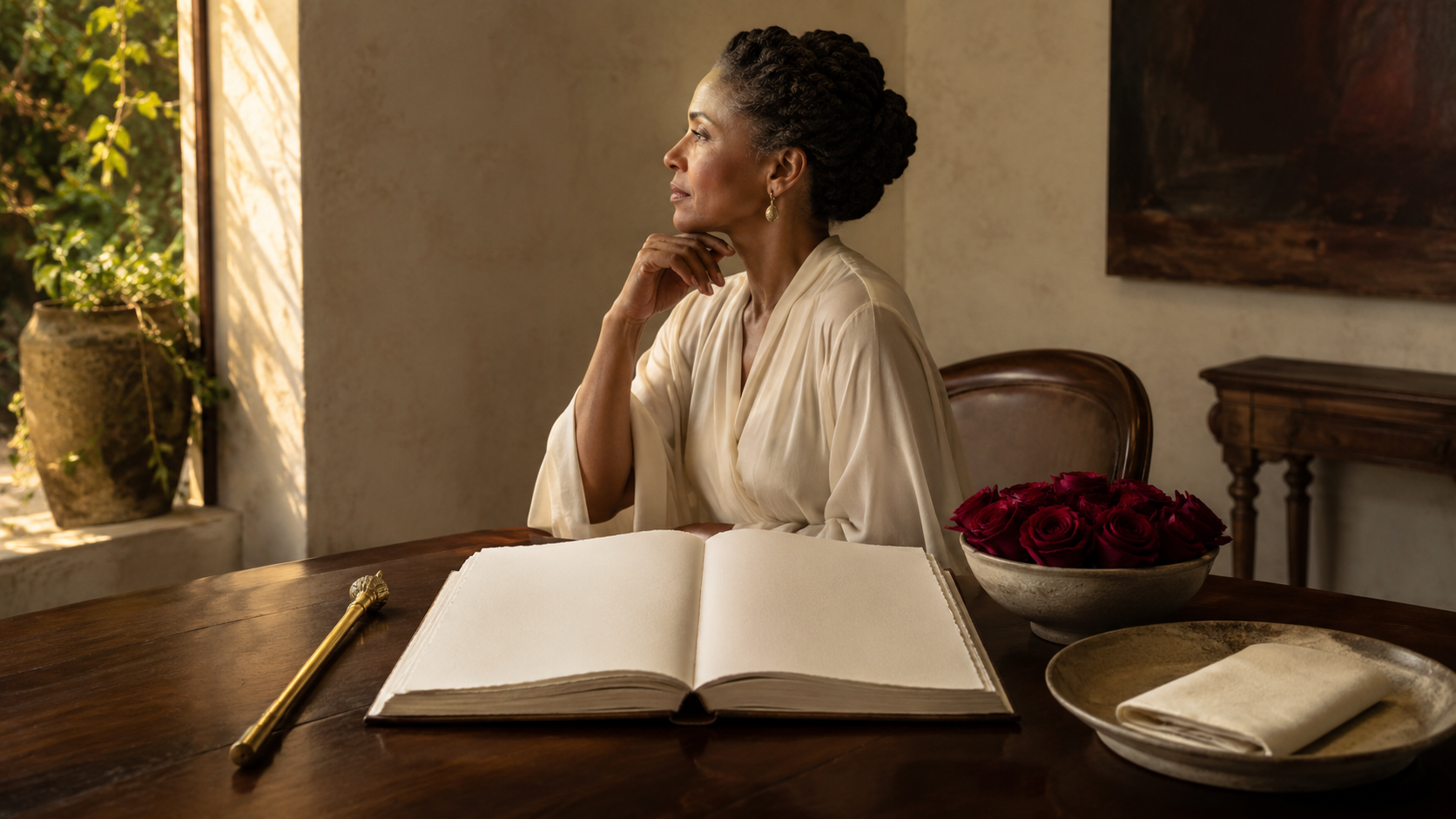 A mature Black woman reflecting beside a blank ledger, roses, a golden scepter, a basin, and folded linen