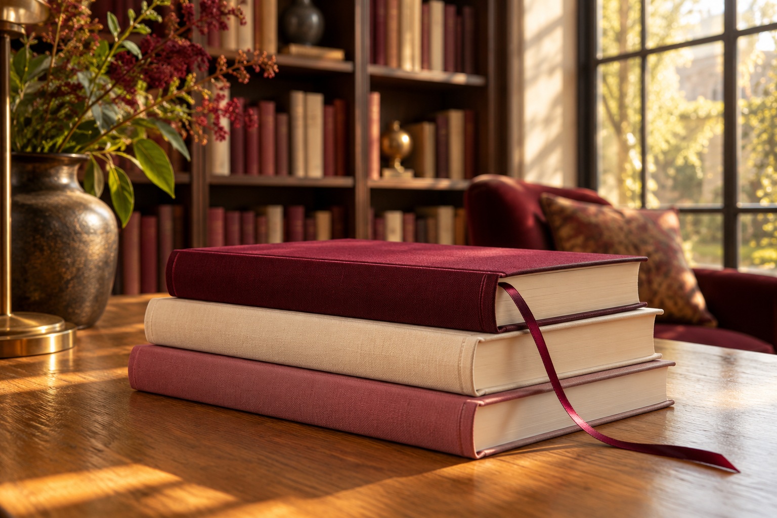 Unmarked burgundy and cream books with a satin bookmark in a sunlit library
