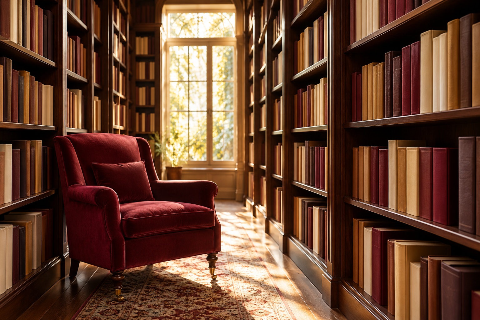A burgundy reading chair beside unmarked books in a sunlit bookstore