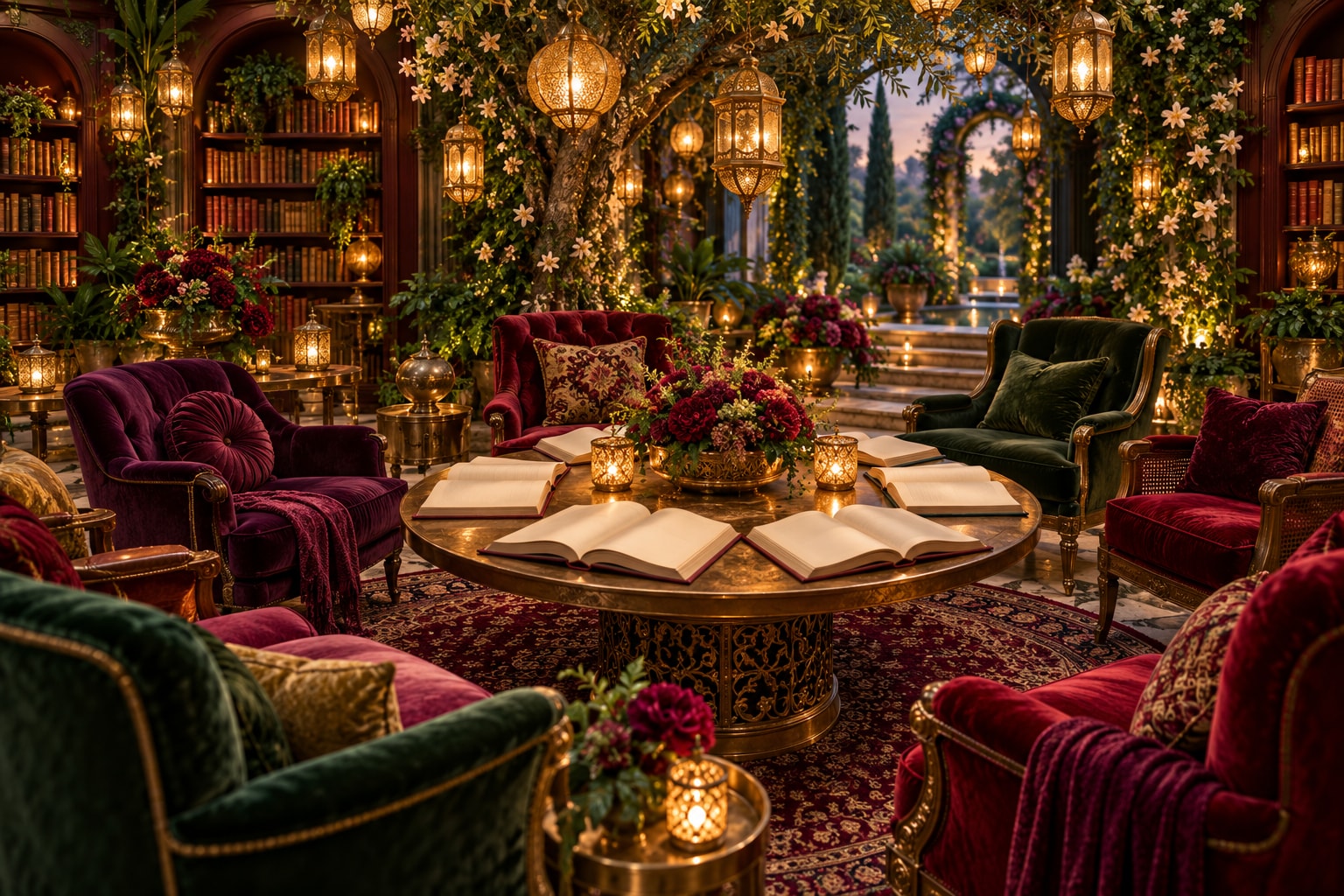 A lantern-lit reading salon with comfortable chairs surrounding open books