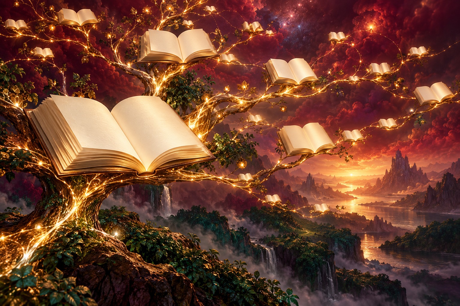 Golden branches of light connect open blank books