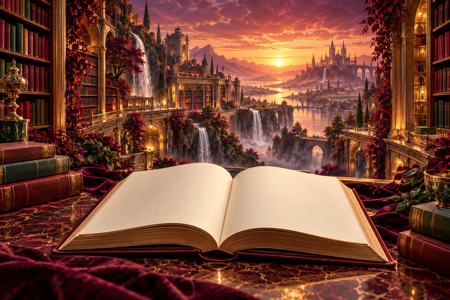 An open blank book overlooks an illuminated library, waterfalls, and a golden horizon