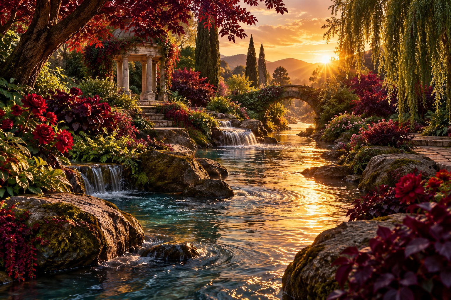 A luminous river flows through a richly colored garden